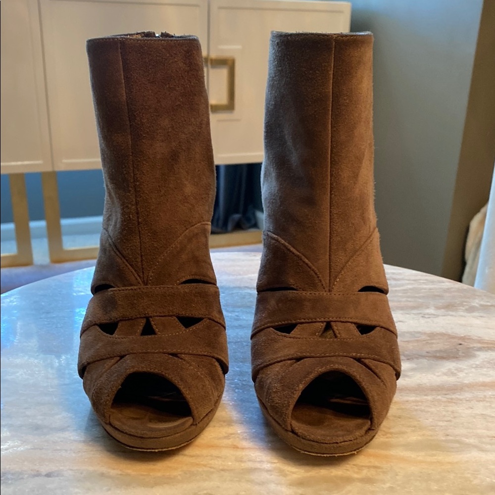 Brown Suede Peep-Toe Ankle Boots